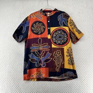 Two Sided Top Women's Medium Multi-Color Ethnic Print Boho Color‎ Block Henley